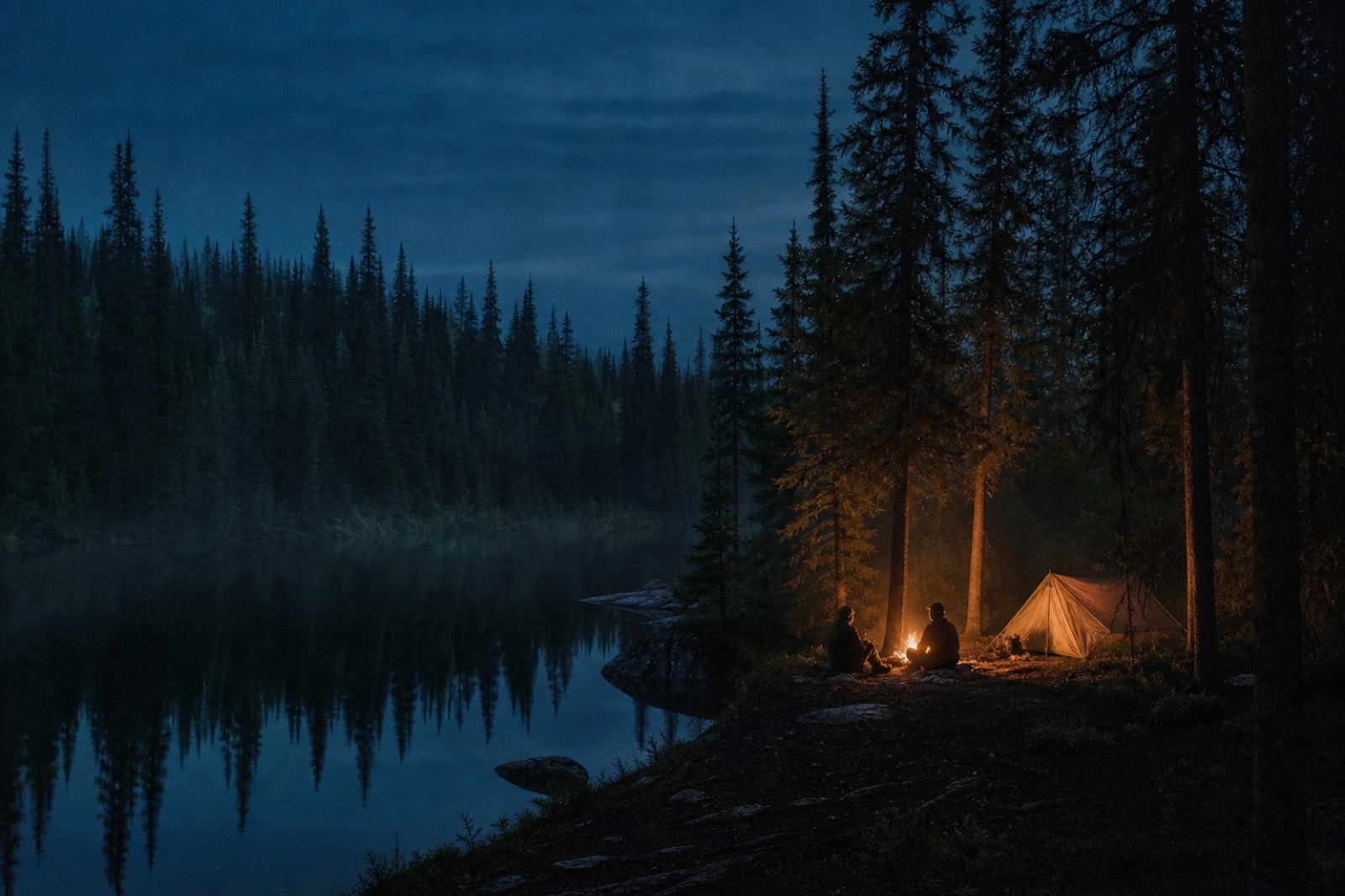Friends by a campfire on the shore of a taiga lake